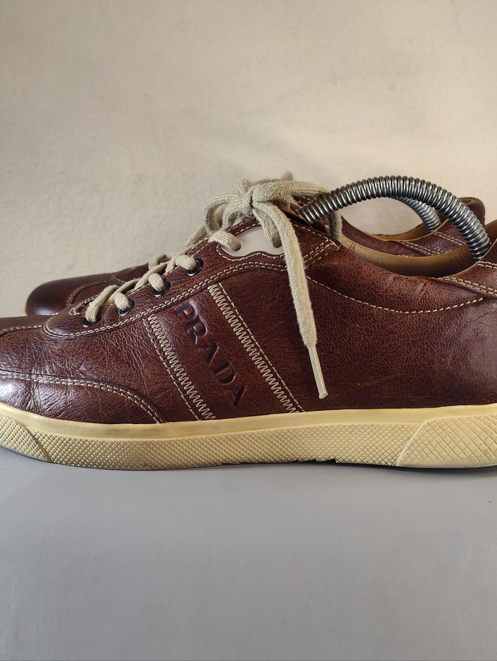 Prada Men's Leather Lace Up Casual Sneakers Low Top Brown Sz 8 Us 7 Uk